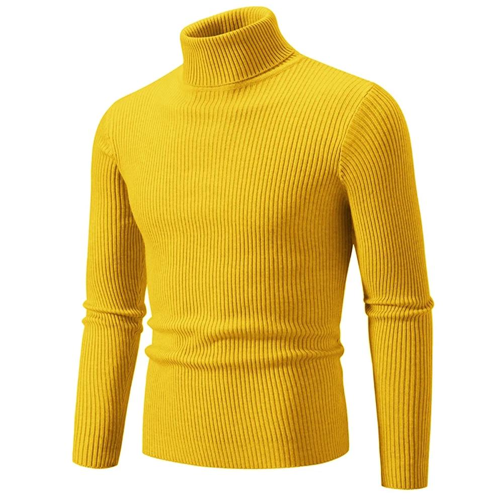 Clothing1 Herfst Winter Coltrui Heren Warm Gebreide Effen Kleur Truien Heren Slim Fit Casual Coltrui Truien Man Truien 3XL geel