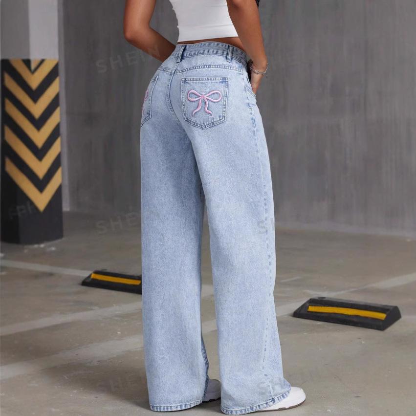 Yoghurt Dames baggy jeans met strikborduursel, dames hoge taille rechte pijp denim broek losse broek XL blauw