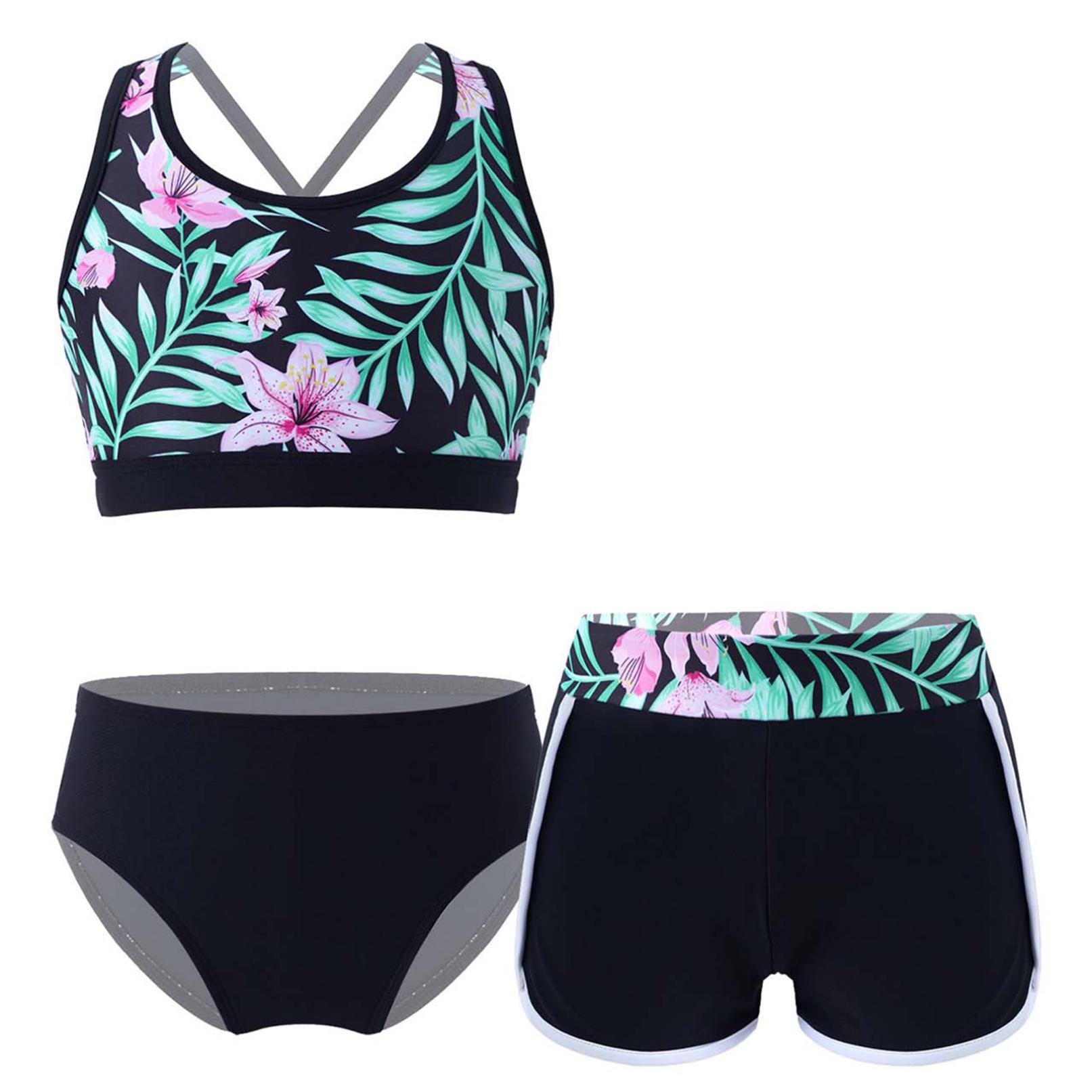 YONGHS 3-delige meisjesbikinisets met bloemenprint, badpak, rugloze top en bikinibroekjes, shorts, badkleding, maat 6-16 jaar 13-14 Years