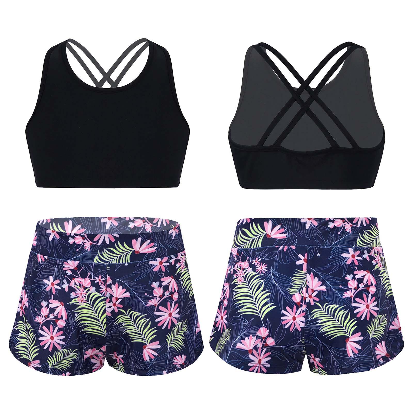 Sywiyi 2 stuks kinderen meisjes tankini badpakken bloemen bedrukt sportpak gekruiste bandjes tank crop top en shorts set badmode strand badpakken 7-8 Years