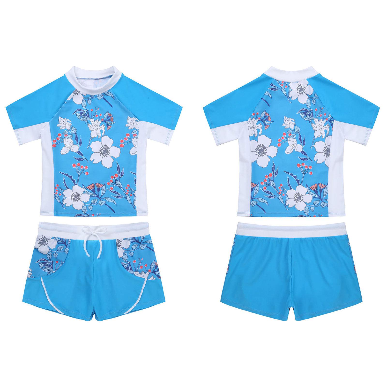 Manyakai Kinderen Meisjes Rash Guard Bloemenprint Tankini Set T-shirt met Zwembroek Korte Broek Badpak Badpak 11-12 Years