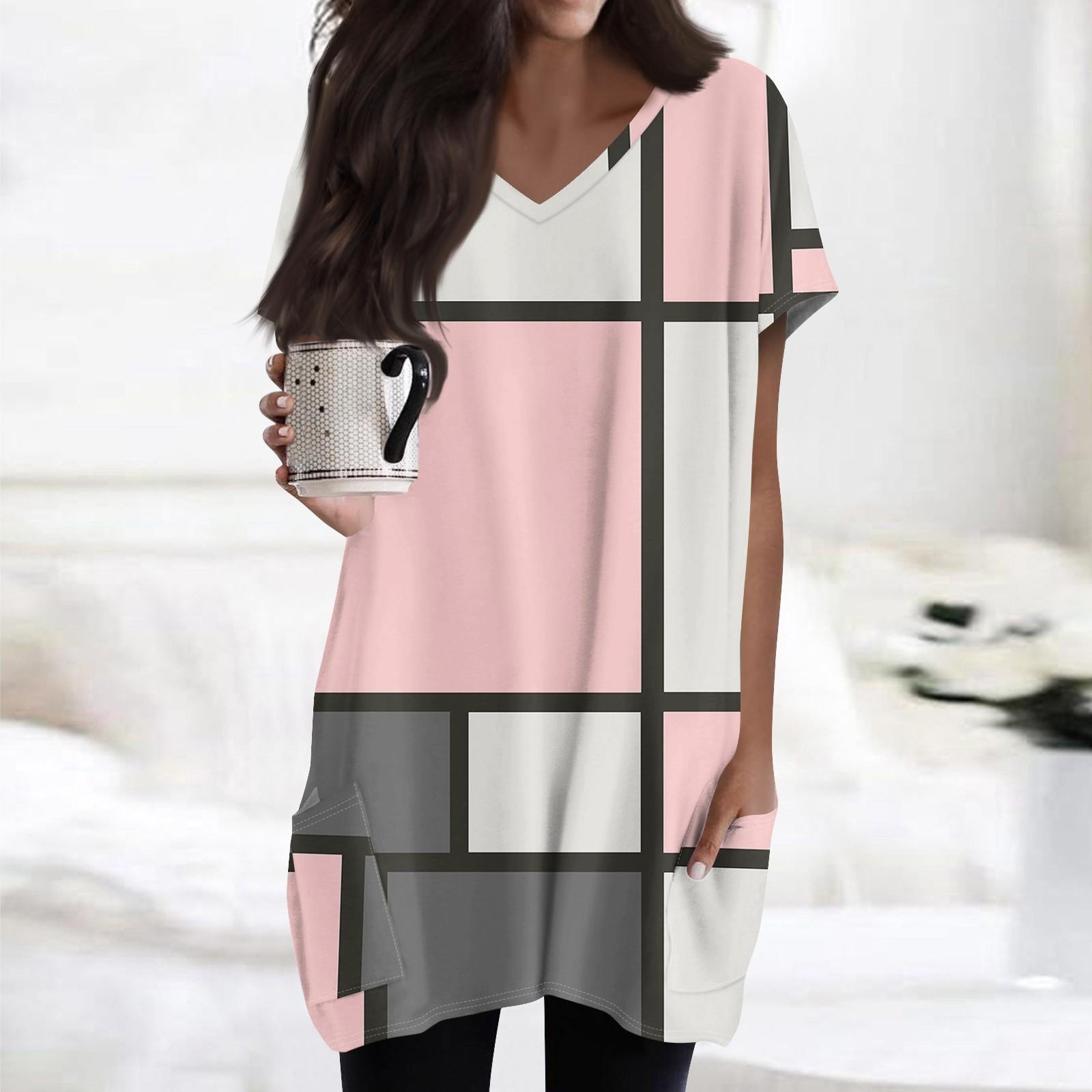 Hong Hollyland Dames Tops V-hals Korte Mouw Blouses Casual Mid-length Shirts Mode Print Tuniek Tops Met Zakken XL roze
