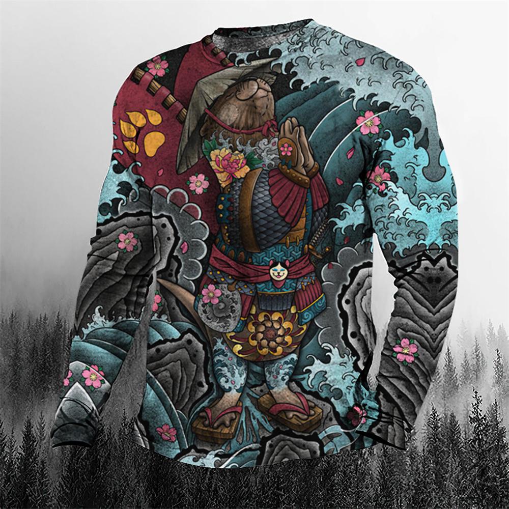 ETST WENDY Vintage Japanse Samurai Heren T-shirt O-hals Katoen Herenkleding Oversized Casual Lange Mouw Tops 3D Bedrukte T-shirt Mannen 5xl 2XL