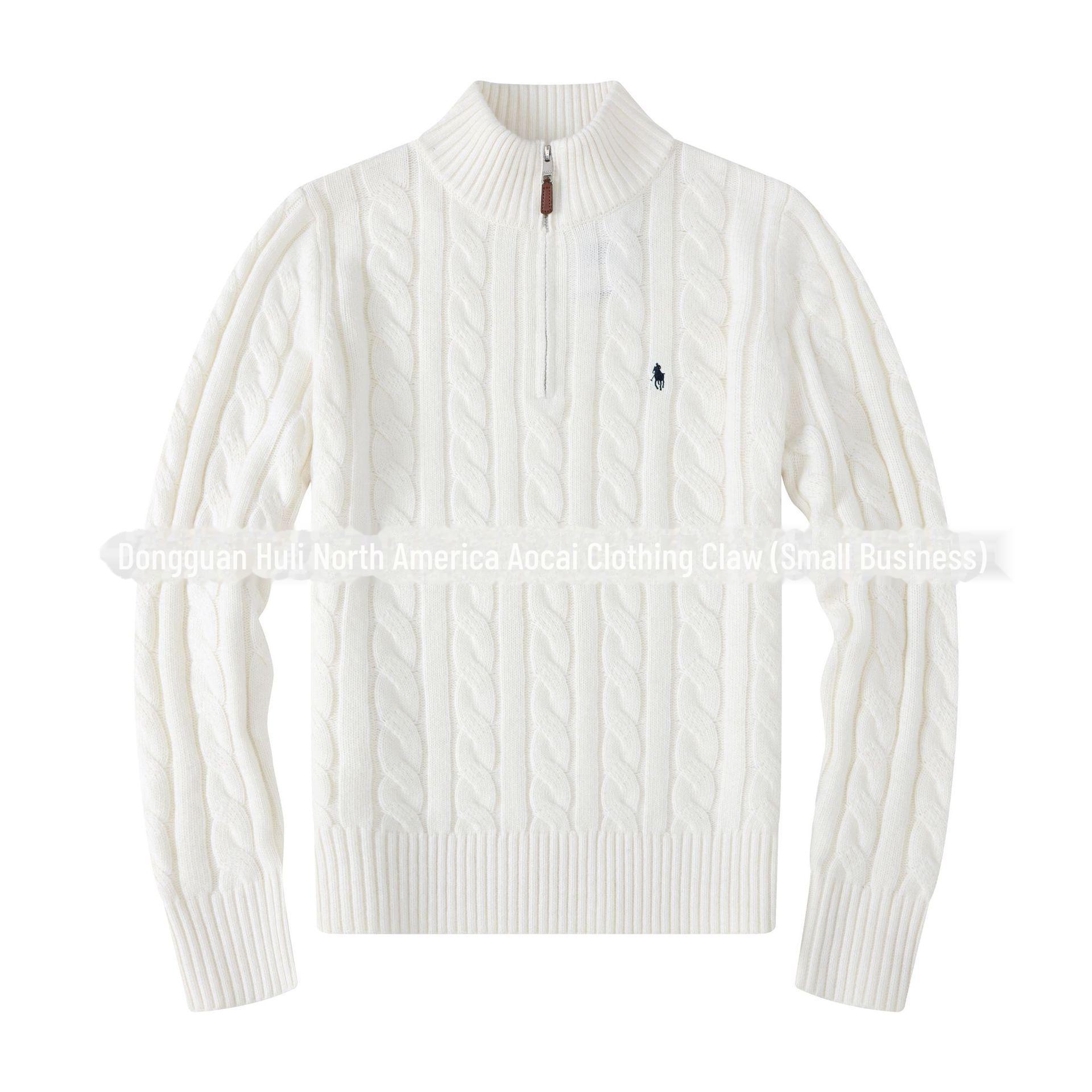 StrideBox Men's Wool Zipper Sweater with RL Pony Logo - Stand Collar, Casual Style L wit