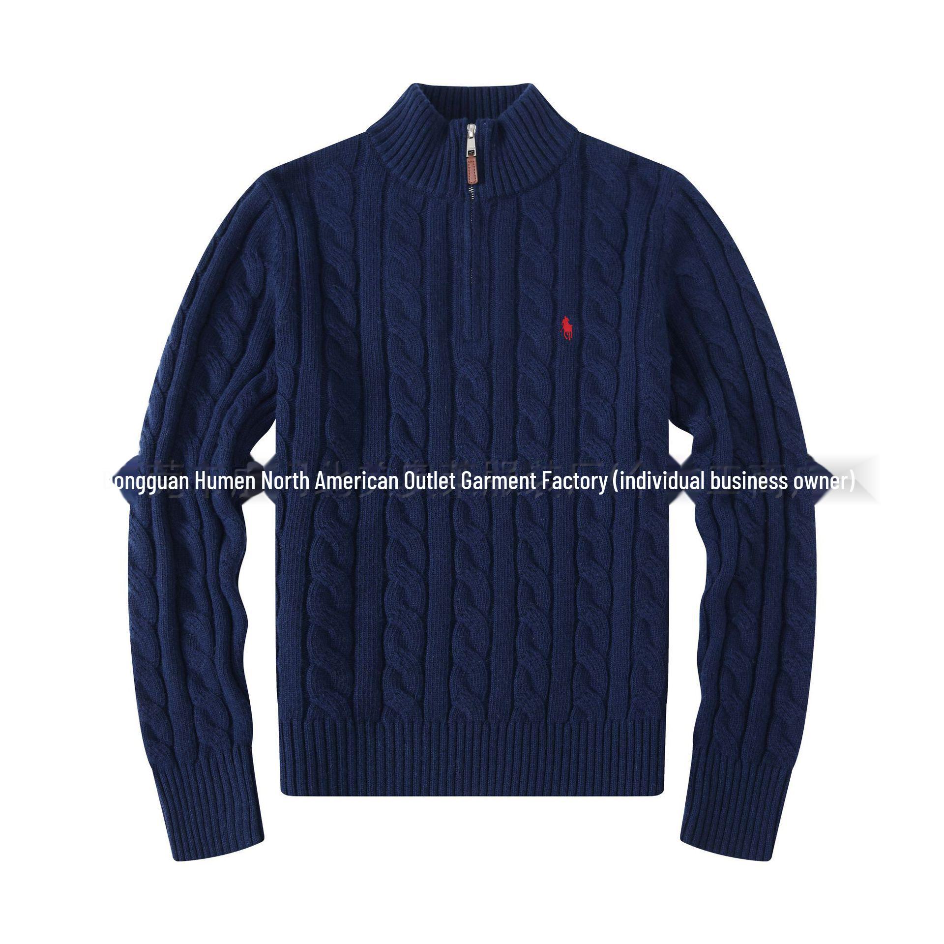 StrideBox Men's Wool Zipper Sweater with RL Pony Logo - Stand Collar, Casual Style L koningsblauwe kleur