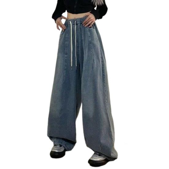 Lexile Dames jeans met wijde pijpen, vloerlengte, los denim, trekkoord, elastische taille, effen kleur, hiphop, streetwear, diep kruis, zakken, vintage rechte lange broek 3XL blauw