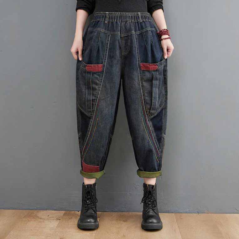 First Club Dames katoenen losse jeans elastische taille kleur botsing casual harem broek XL