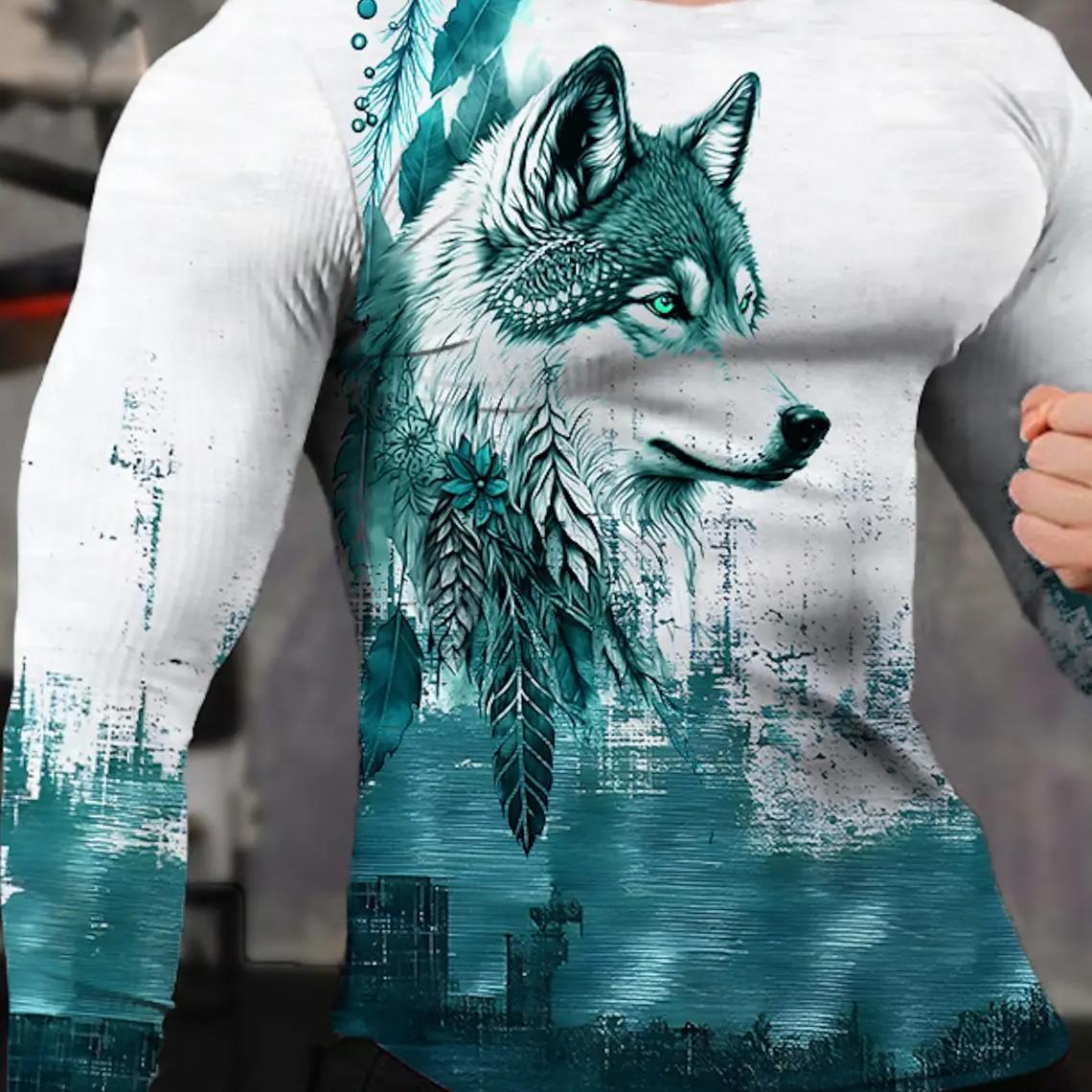 ETST 03 Vintage Heren T-shirt met lange mouwen, 3D-printoverhemden, Mode Dierenwolf Grafische korte mouwen, Oversized streetwear tops, T-shirts 5XL