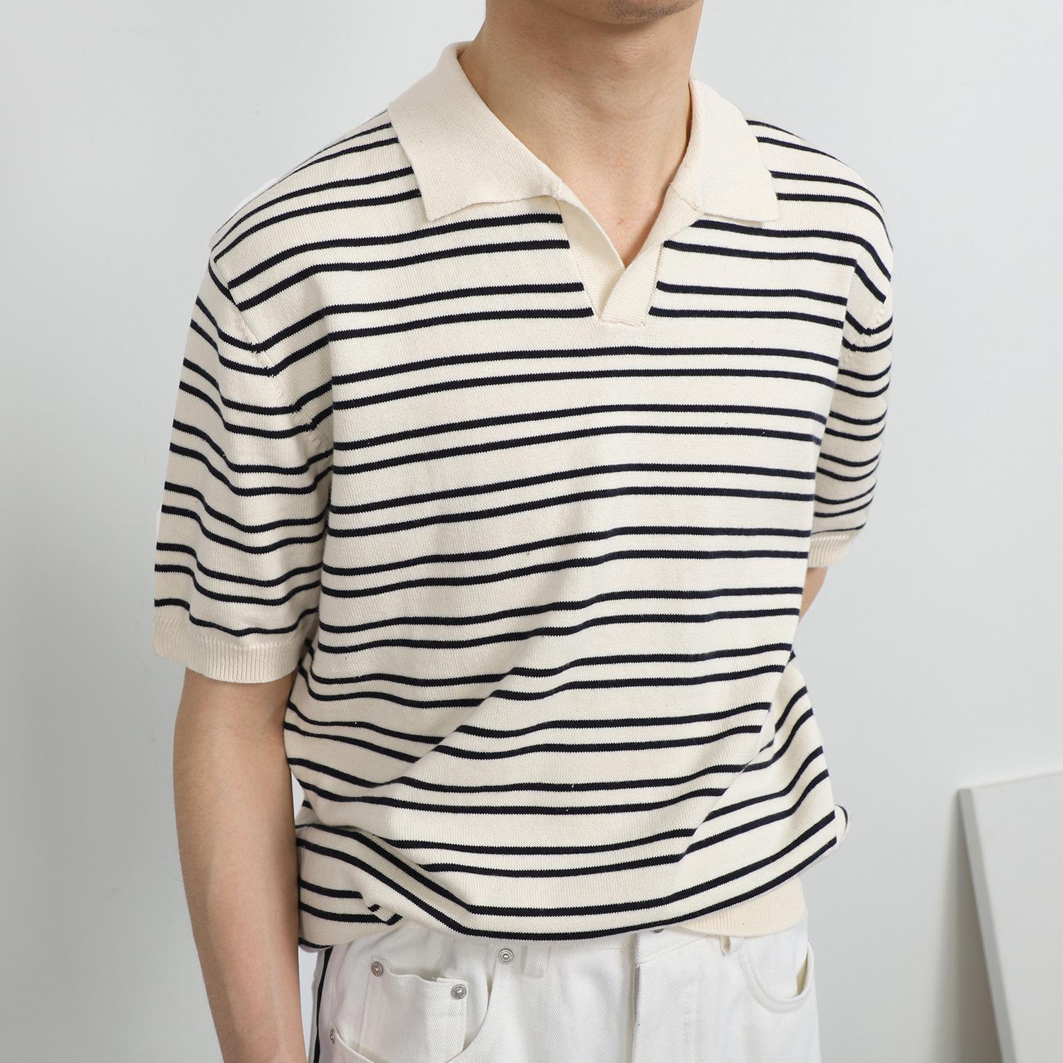 RC HOME Zomer V-hals Ijs Zijde Gestreept Poloshirt Heren Korte mouwen Trendy en Eenvoudige Mode Revers T-shirt Heren M wit