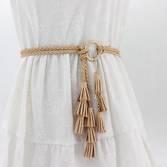 MiniSunshine Mode Vrouwen Effen Kleur Gevlochten Kwast Riem Boho Meisjes Dunne Taille Touw Brei Riemen voor Jurk Taillebanden Accessoires One Size kaki