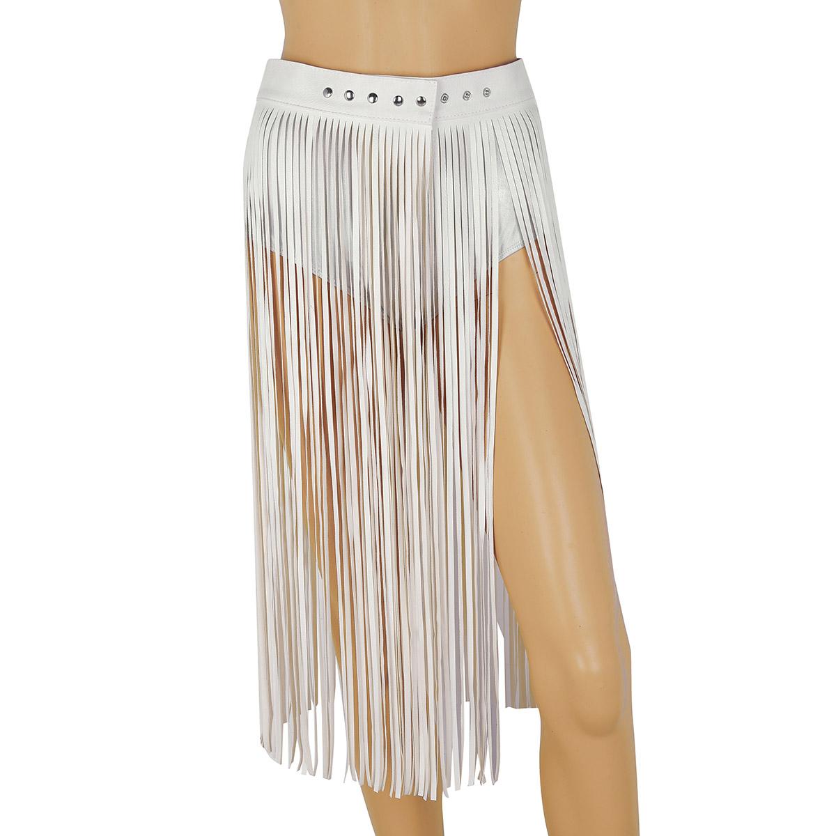 Aislor Dames dames mode kunstleer verstelbare hippie boho tailleband lange franje kwast rok riem Large beige