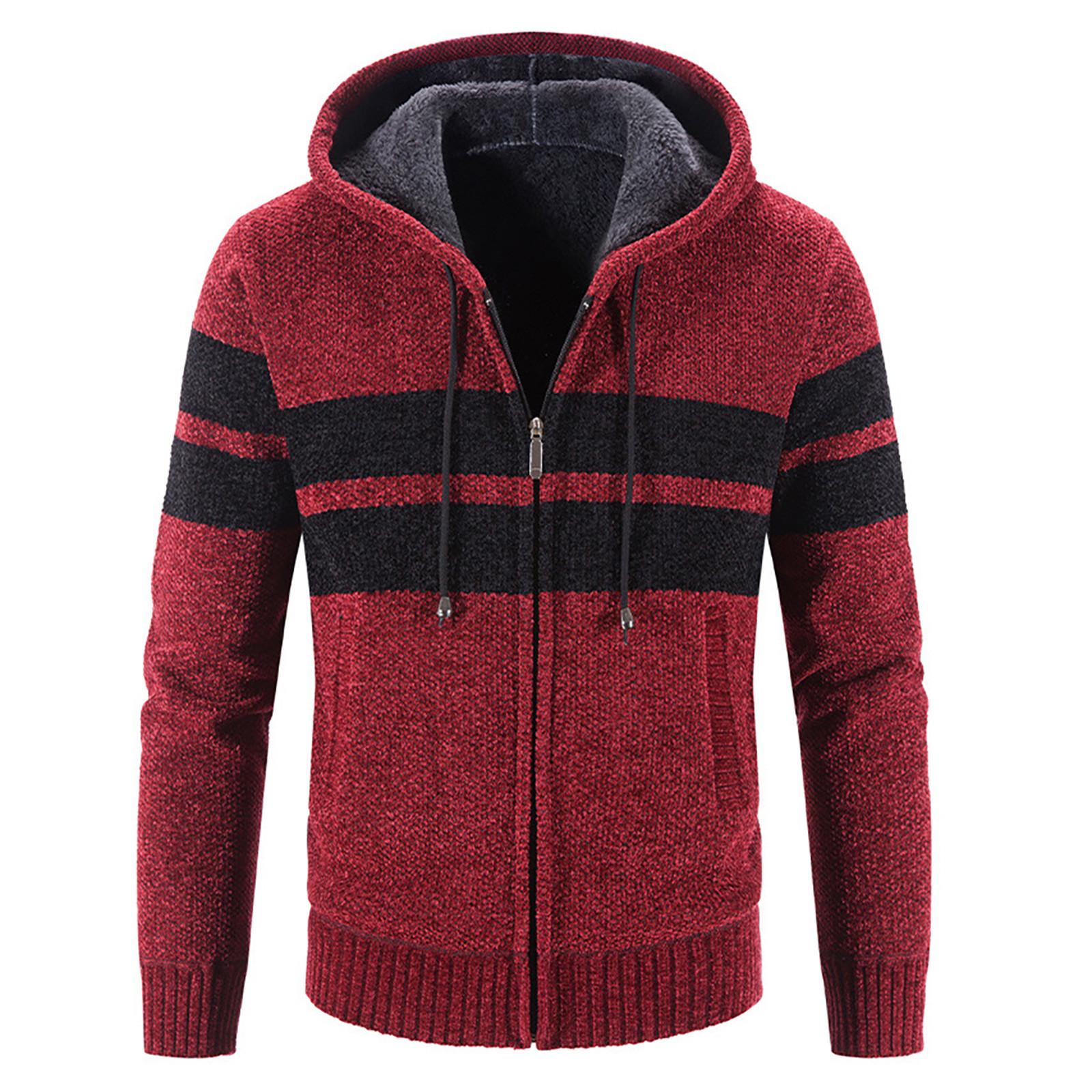 Timoduizhang Herenjas met capuchon, pluche, geruit breiwerk met trekkoord, trui, warme effen kleur jassen, tops XXXL wijn