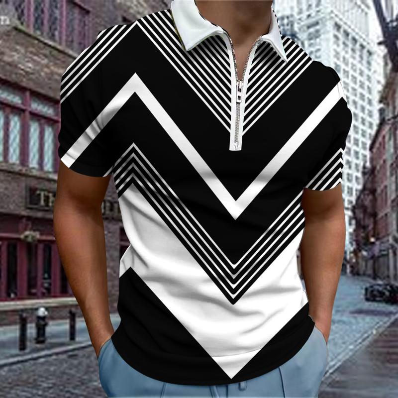 3D Fashion Design Clothing Casual T-shirt met revers Jonge mannenmode T-shirt met rits T-shirt met korte mouwen Heren 3D gestreept T-shirt 5XL