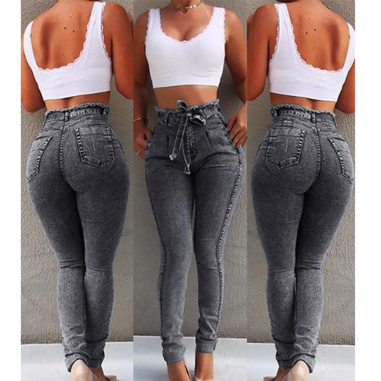 HI-FASHION Hoge taille jeans voor dames Herfst slanke stretch denim potloodbroek Kwastje riem Skinny push-up gewassen jeans Vrouw vrouwelijke broek S grijs