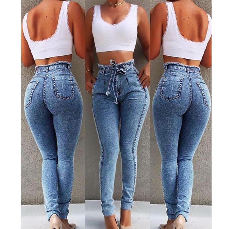 HI-FASHION Hoge taille jeans voor dames Herfst slanke stretch denim potloodbroek Kwastje riem Skinny push-up gewassen jeans Vrouw vrouwelijke broek XL lichtblauwe kleur