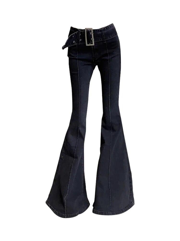 Exotic Amerikaanse Retro Flare Jeans Lage Taille E-girl Slim Bandage Bottoms Vrouwen Mode Zwarte Katoenen Denim Broek Broek Y2K High Street L zwart