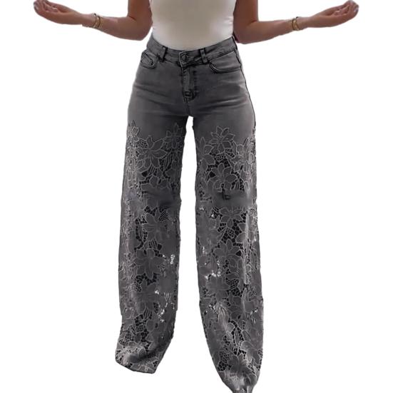 Yizhihengsm Dames Jeans met Kant Patchwork Casual Baggy Rechte Wijde Pijp Denim Broek Mid Waist Bloemig Holle Jeans M grijs