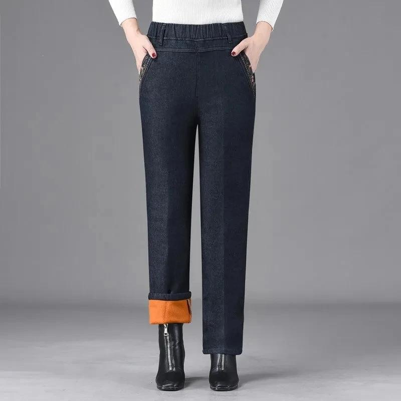 Roser Dames Baggy Fluwelen Gevoerde Jeans Harem Broek Winter Warme Hoge Taille Vaqueros Broek Oversized Pluche Dikke Veter Denim Broek L
