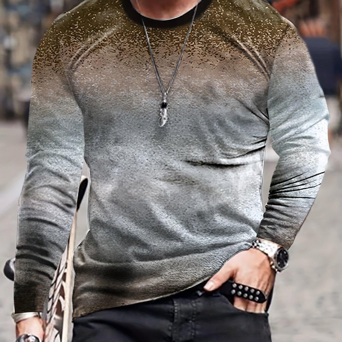 ETST 007 Heren 3D-geprint gradiënt T-shirt met lange mouwen Lente- en herfstmode Casual Retro-stijl Oversized ronde hals T-shirts Tops 4XL