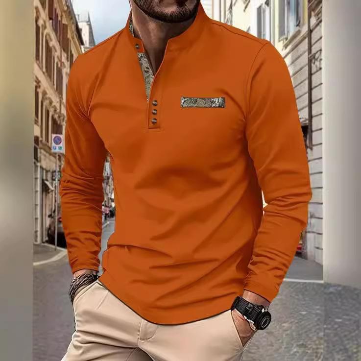 Fashion human Heren lente en herfst heren poloshirt met opstaande kraag casual sport lange mouwen Henley shirt L oranje
