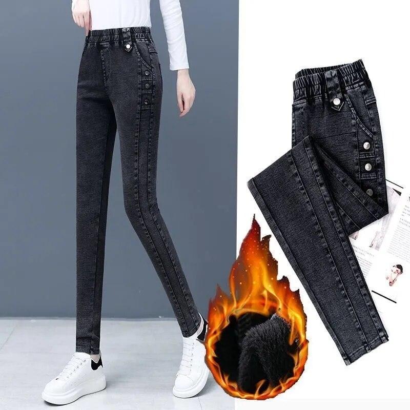 91140105MA0LTG9139 Winter fluwelen stretch potlood jeans dames vintage slanke dikkere Jean warme skinny denim broek hoge taille leggings 28