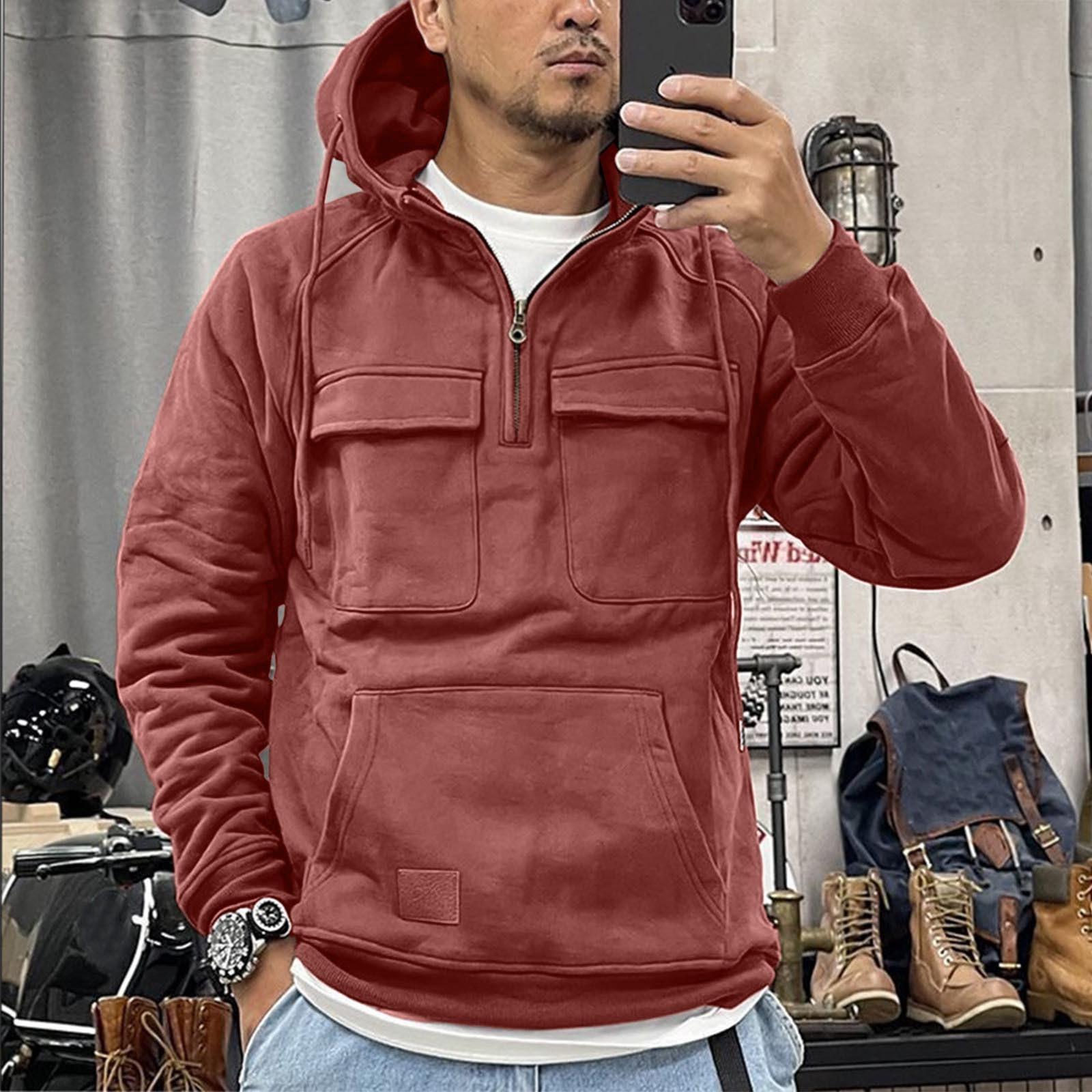 Timoduizhang Effen kleur herensweater met capuchon, Europese en Amerikaanse jeugdsport leren trui met meerdere zakken en patch XL roze
