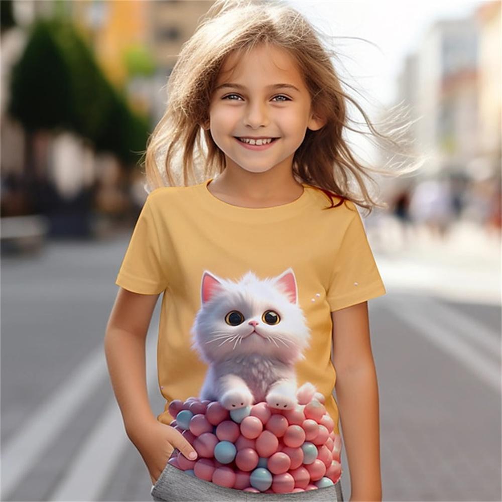 HerSight Kat Korte Mouw Paard Kind T-shirt Zomer Kawaii Kid T-shirt Voor Kinderen Tops Fashion Tee Meisjes Kleding Van 8 tot 14 Jaar Oud 140
