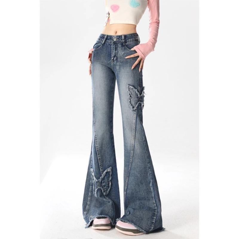 XK22GD Dames Blue Flare Jeans Baggy Vintage jaren 90 Esthetische Lage Taille Cowboy Broek Harajuku Denim Broek Y2k Trashy Emo 2000s Kleding S