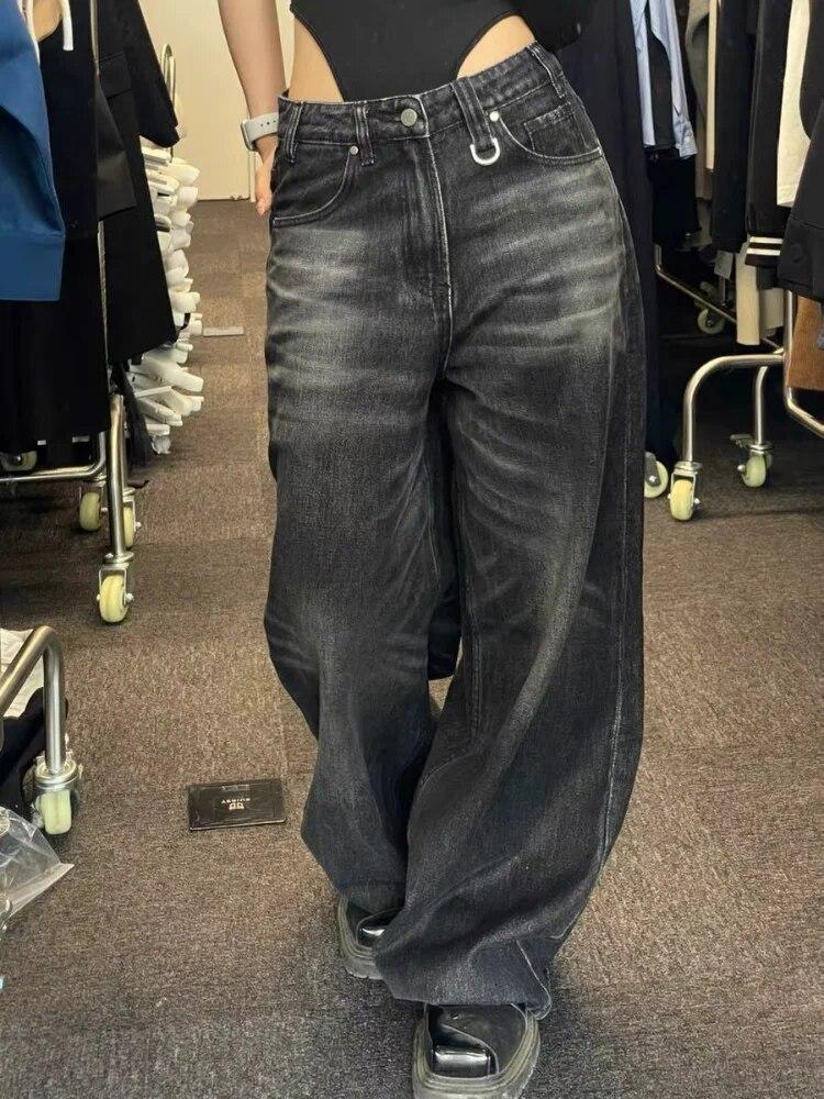 Exotic Vintage zwarte wijde pijpen jeans vrouwen oversized high street Koreaanse mode baggy denim broek grunge Y2k vrouwelijke hiphop XXL zwart