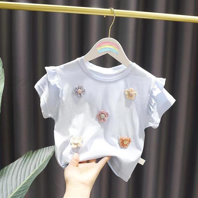 Voyex Meisjes T-shirt van katoen met korte mouwen in Koreaanse stijl met 3D-bloemenmotief - Trendy zomerkleding voor kinderen 130 cm