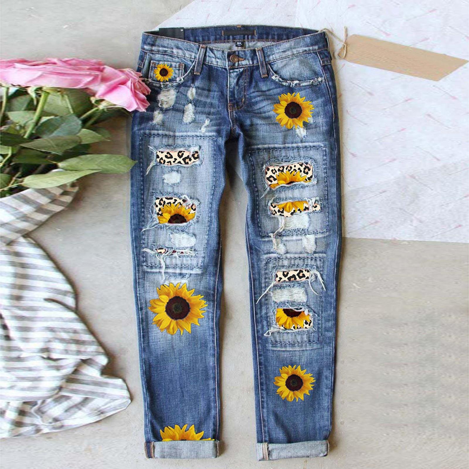 Hong Hollyland Dames blauwe bloem bedrukte stretch jeans hoge taille broek patch gescheurde vernietigde denim broek skinny broek S geel