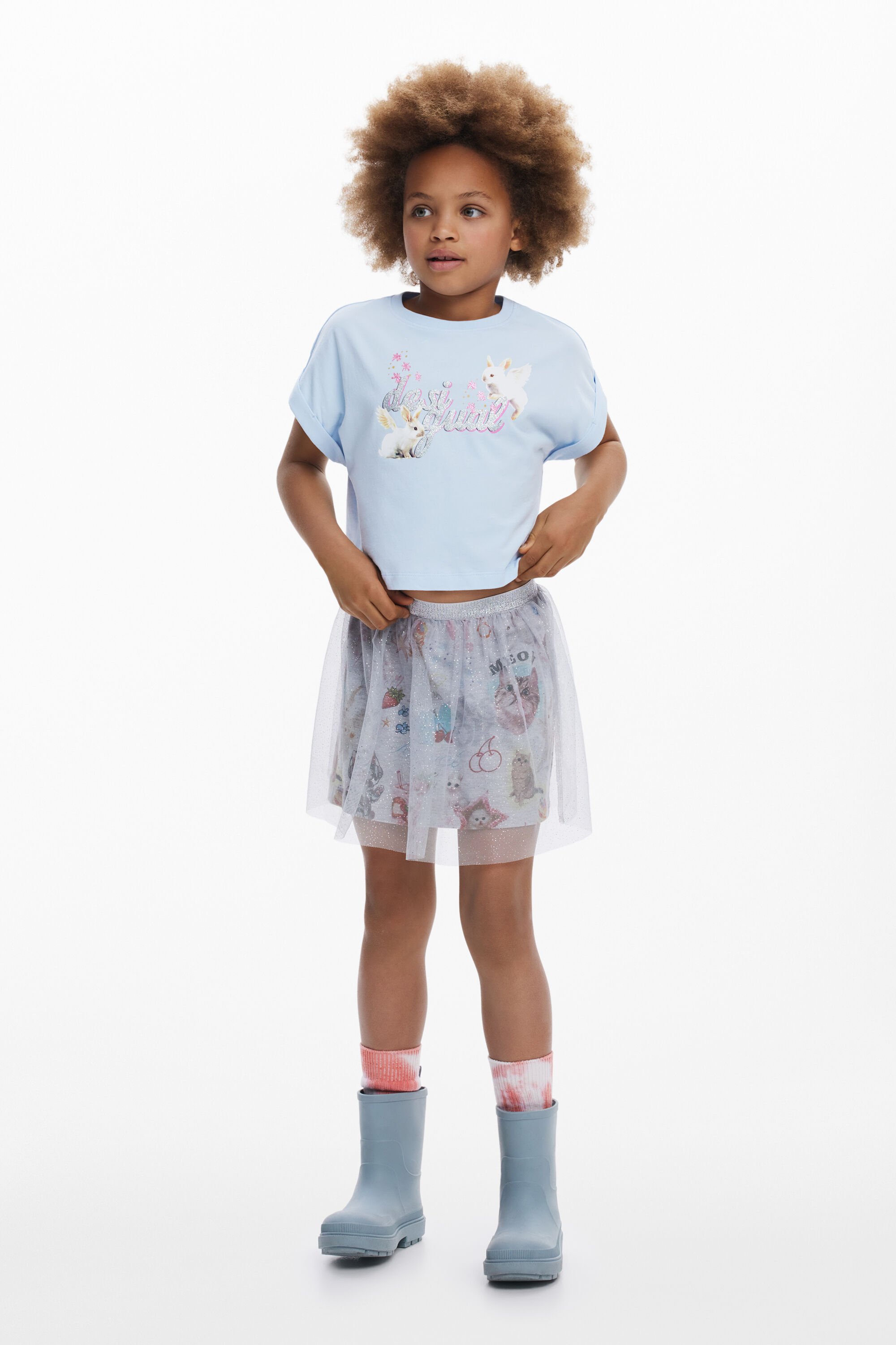 Desigual Cropped T-shirt met glanzend logo en konijnen - GREEN