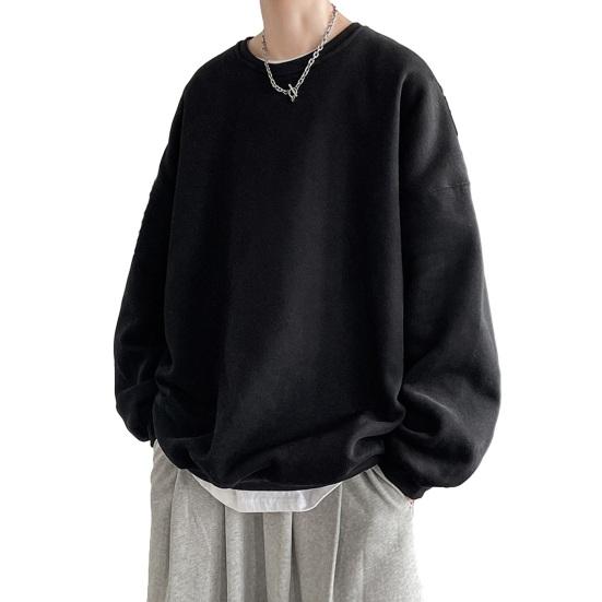 Tianhangyuan Heren herfst winter sweatshirt losse effen kleur ronde hals lange mouw dikke warme zachte unisex casual eenvoudige stijl paar top 3XL zwart