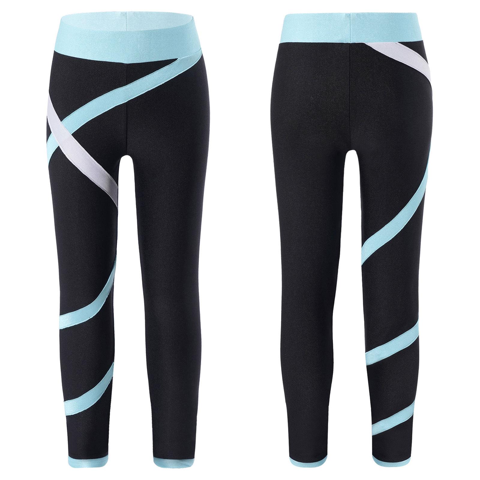 RUNQHUI Kinderen Meisjes Sportkleding Colorblock Leggings Stretch Broek voor Schaatsen Gymnastiek Yoga Workout Fitness 13-14 Years lichtblauwe kleur