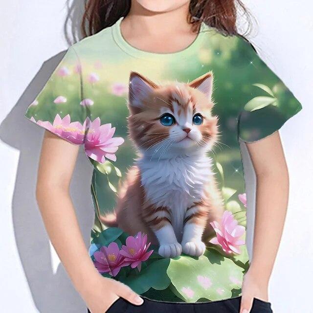 Xuhaijian02 Meisjes Herfst Kleding Leuke Harige Kat Print T-shirt Voor Kinderen Korte Mouw Van 8 Tot 10 Jaar Tieners Koreaanse tee Shirts Kinderen 150