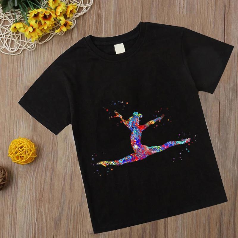 Xuhaijian02 Aquarel Gymnastiek T-shirt Nieuw Kindermeisje T-shirt Kawaii gymnastiek kunst Top Tee Mode Kinderkleding Cartoon Zwarte T-shirts 140