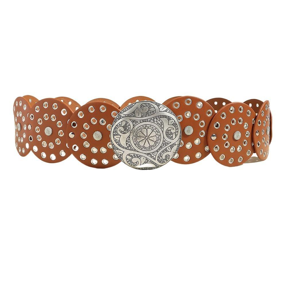NicceBazar Ronde holle riem Y2K brede riemen Vintage schijfriemen voor dames Camel-Silver Buckle