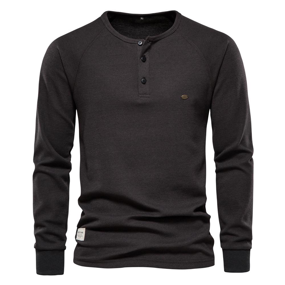 AIOPESON Men Fashion AIOPESON Heren T-shirt met lange mouwen 2022 Henley-kraag Wafel Lange mouwen Eenvoudige ademende heren T-shirts Effen kleur Tops Heren Designer T-shirt Heren M 60-70 kg bruin/grijs
