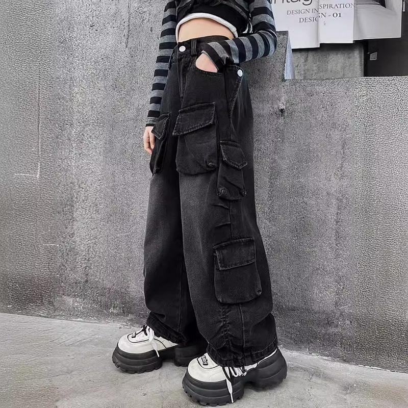 Qingpingjuan Lente- en herfstmeisjesbroek met wijde pijpen, cargojeans voor meisjes, losse, casual, elastische taille, tienerkinderenbroek met wijde pijpen, streetwearbroeken voor kinderen 160cm