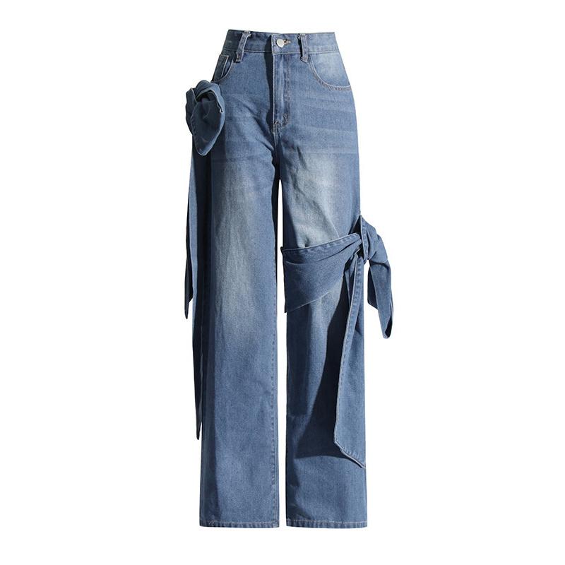 ZAZY-ZAooug Women's Jeans 2025 Spring Autumn Latest Washed and Distressed Patchwork Bow Wide Leg Pants with High Waist and Slimming Design L blauw