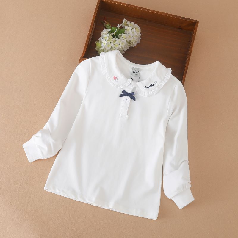 Kuyeebear Meisjes T-shirt met lange mouwen Kinderen poloshirt Effen kleur Katoen Baby Turn-down kraag Top met schattige strik 6-14 jaar Lente Herfst Kinderen Leuke kleding 140