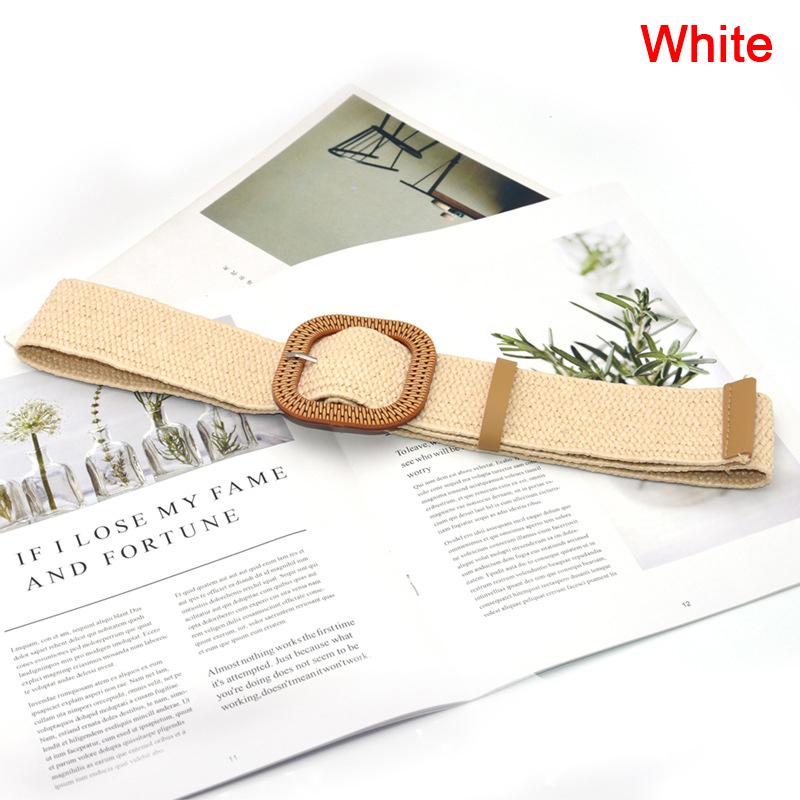 Foreign Parts Zomer dames elastische gevlochten riem vierkante gesp Vintage Boho stro riem jurk riem wit