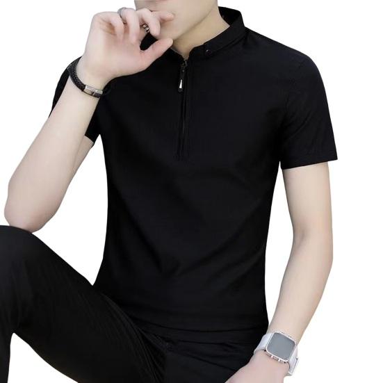 Songmeijuan Zomer Heren Top V Hals Ritssluiting Opstaande Kraag Korte Mouwen Slim Fit Effen Kleur Zacht Ademend Middellange Casual Formeel Zakelijk Overhemd XL