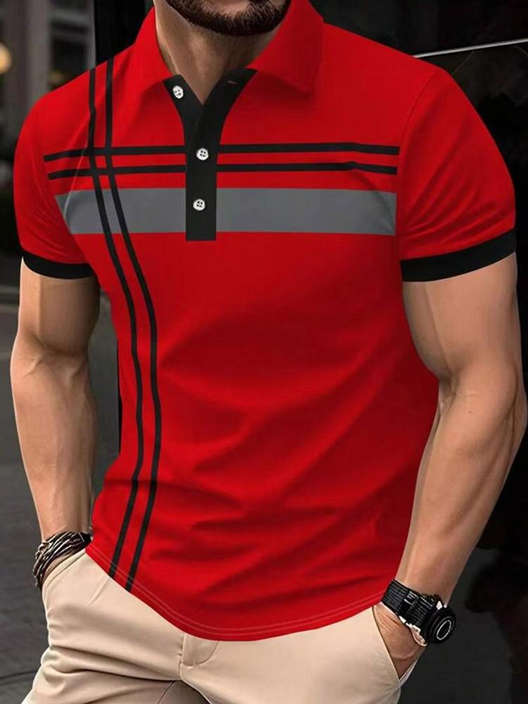 Haojun Men Summer Striped Short Sleeve Casual Commuting Polo Shirt 2XL rood