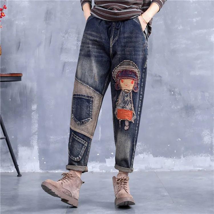 QGOOD Hoge kwaliteit dames retro patch geborduurde print losse jeans hoge taille cartoon schattige oversized harem broek XXL