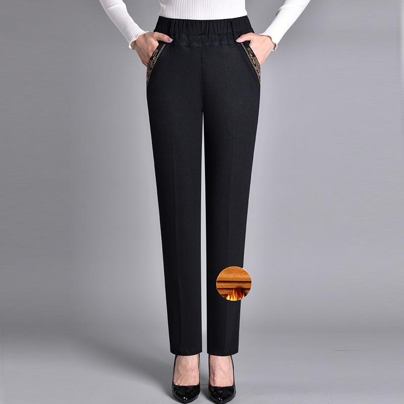 Marll Dames Losse Elastische Taille Stretch Moederbroek Lente en Herfst Jeans Casual Hoge Taille Middelbare Leeftijd en Oudere Plus Fluweel Donker Damesbroek XXXXXL