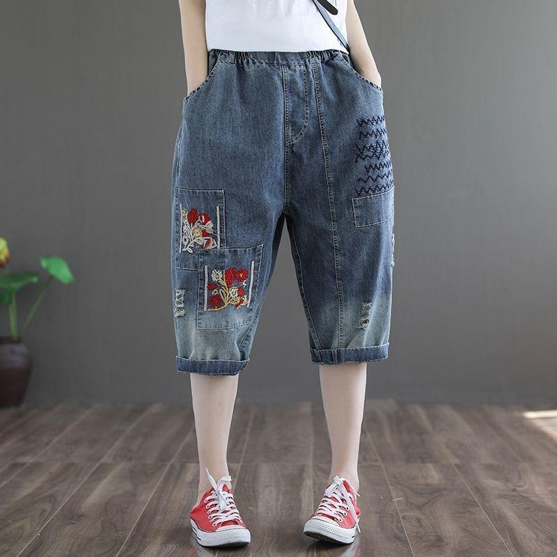 CANVAUS Elastische taille Cartoon Borduurwerk Denim Harem Broek Dames Zomer Losse Grote Maat Vrijetijds Radijs Broek M