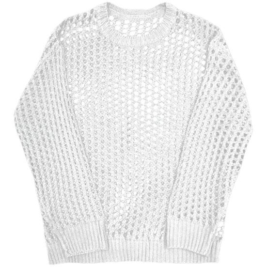 Manjianjing Mannen holle top mesh visnet effen kleur ronde hals losse lange mouw clubwear hiphop doorzichtige elastische trui feesttop M wit