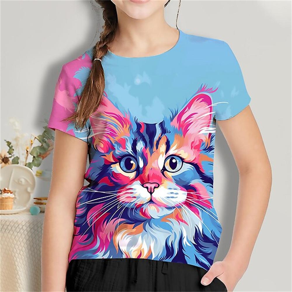 HerSight Kat Korte Mouw Paard Kind T-shirt Zomer Kawaii Kid T-shirt Voor Kinderen Tops Fashion Tee Meisjes Kleding Van 8 tot 14 Jaar Oud 140