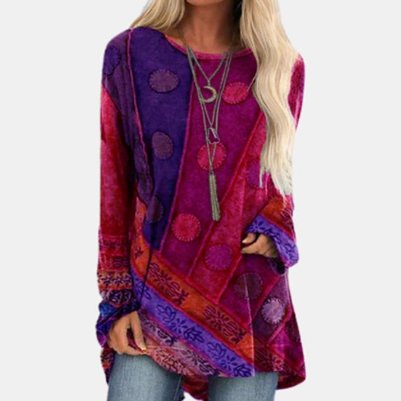 ETST0013 Nieuwe etnische stijl Boho T-shirts Geometrische 3D-print Vrouwen Lange mouw T-shirt Oversized Streetwear Tuniek Tees Tops Vrouwelijke kleding 4XL